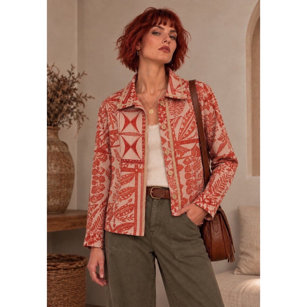 Coldwater Creek Orange Linen Blend Geometric Print Braided Trim Jacket PL